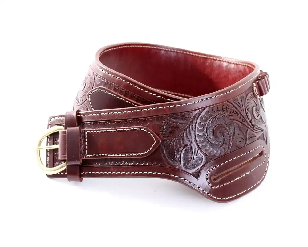 Charro Floral Carved Walnut Oil Leather Holster Belt by Triple K Brand