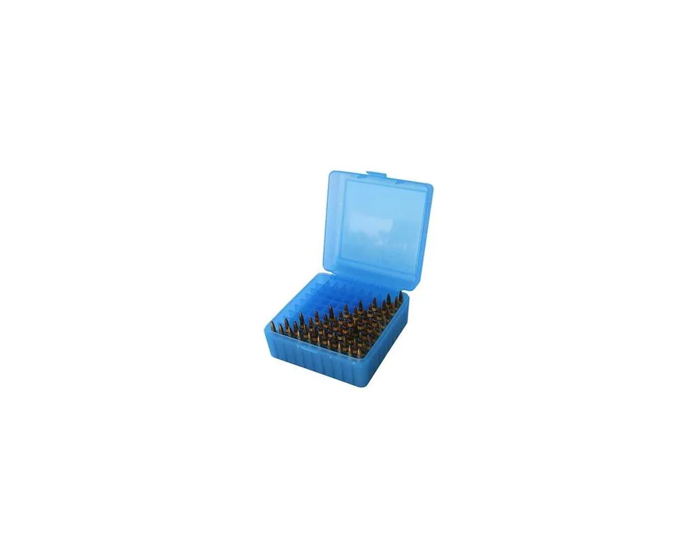 MTM RS-100-24 Clear Blue Ammo Box Flip Top Holds 100 Cartridges