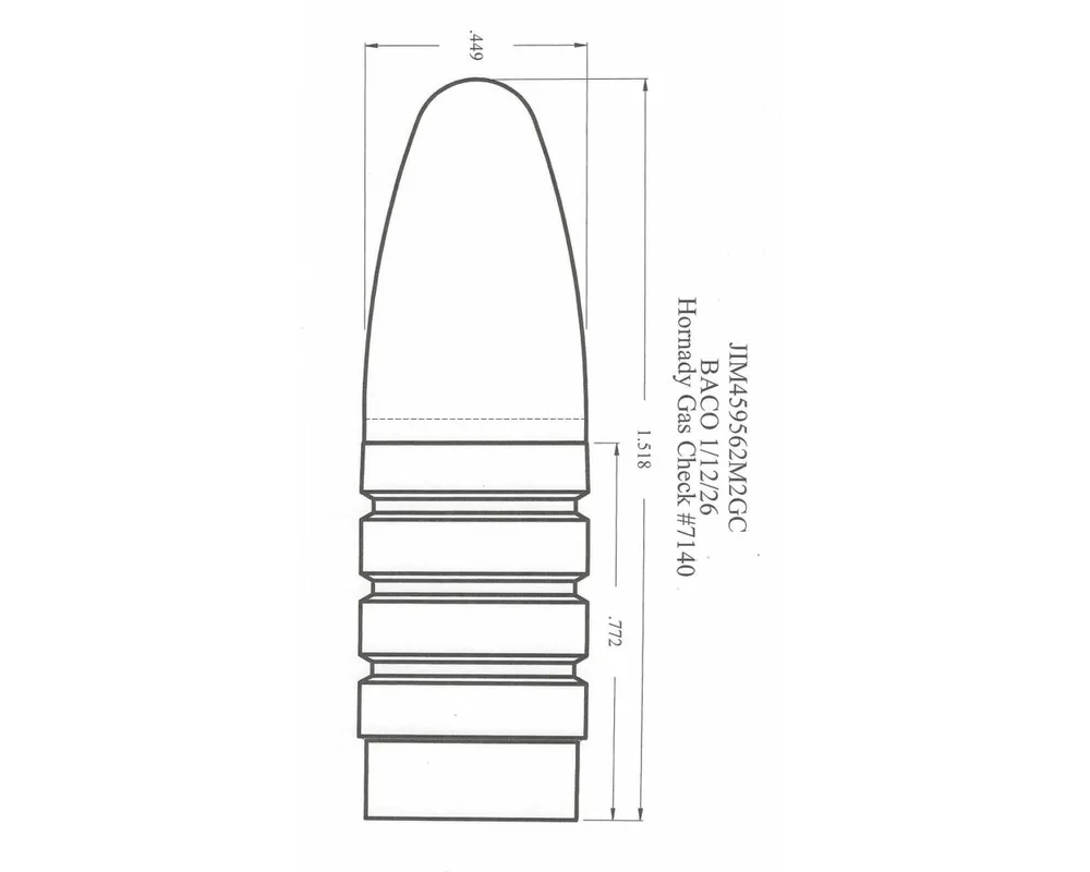 .459" Diamter 562 Grain "Money" Bullet Mould, Tapered 1st Band, Mini grease gooves, Gas check
