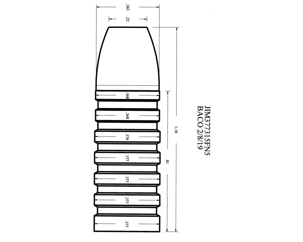 .377" Diameter 315 Grain Flat Nose 1-Cavity Cast Bullet Mould Copy of the Lyman 375166 Bullet Mold with the First Three Bands Reduced
