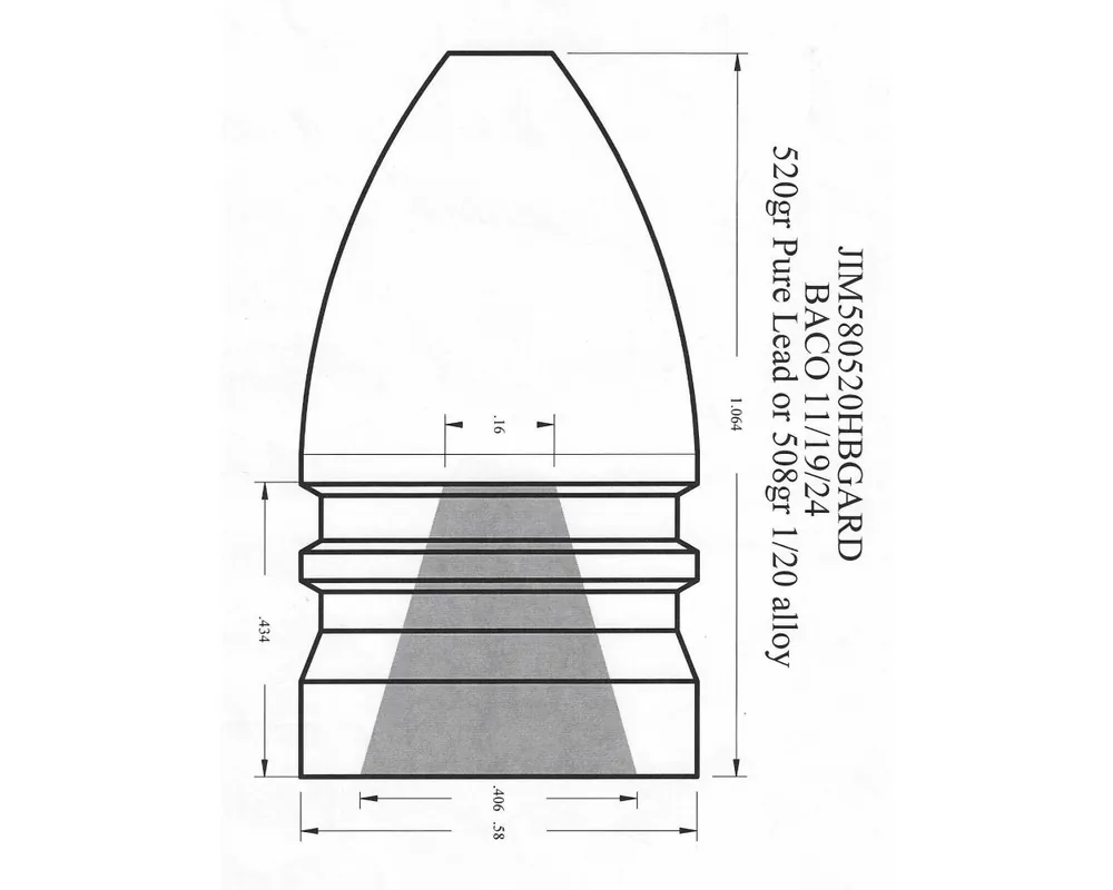 .580" 520 Grain Hollow Base Gardner Minie Bullet Mold