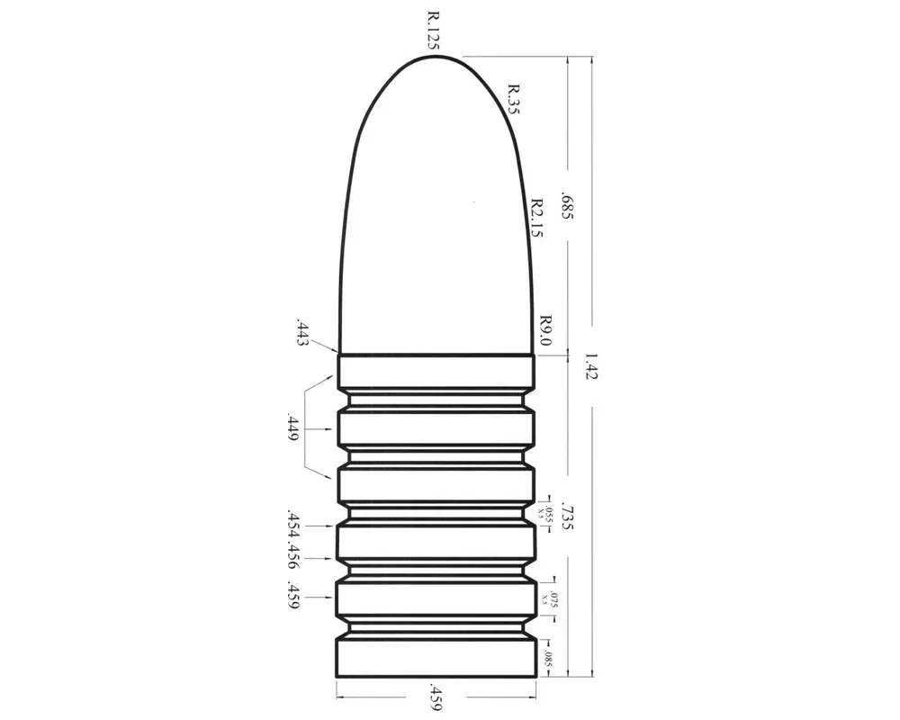 .459" 535 Grain Postell 1-Cavity Bullet Mould, First four Bands Reduced (See Illustration)
