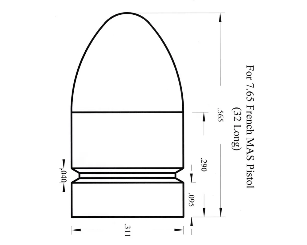 .311" 95 Grain 1-Cavity Bullet Mold for the 7.65 French Mas Pistol AKA 32 French Long