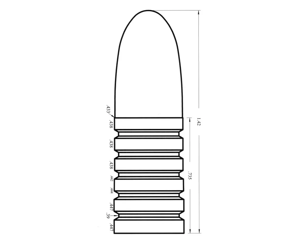 .447" 530 Grain Postell First Four Bands Reduced, 1-Cavity Grease Groove Cast Bullet Mould