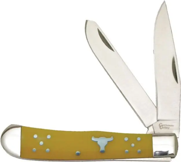 Abkt Cattlemans Cutlery 3.25" Yellow Handle Trapper 2-Blade