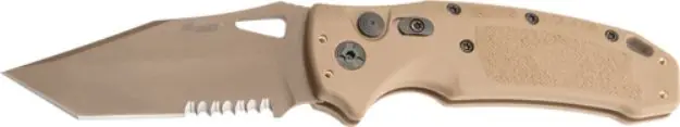 Hogue K320a M17 3.5" Auto Fldr Tanto Part Serrated Poly Tan