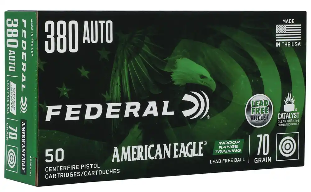 Federal American Eagle Ammunition - 380 Auto - 70 Grain Lead Free Ball - 50 Rounds - Brass Case