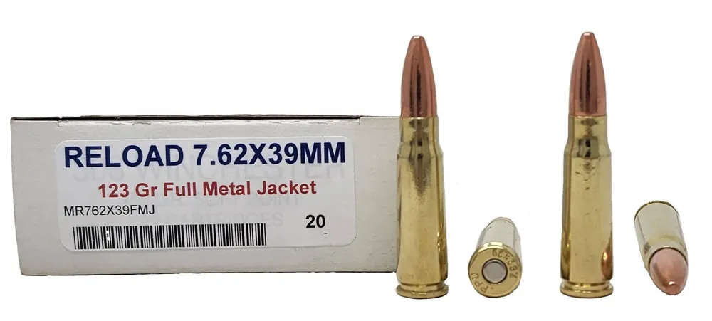 Miwall Reload Ammunition - 7.62x39 MM - 123 Grain Full Metal Jacket - 20 Rounds - Brass Case