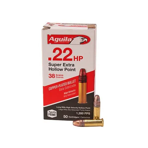 Aguila High Velocity Ammunition - 22 Long Rifle - 38 Grain Copper Plated Hollow Point - 50 Rounds - Brass Case