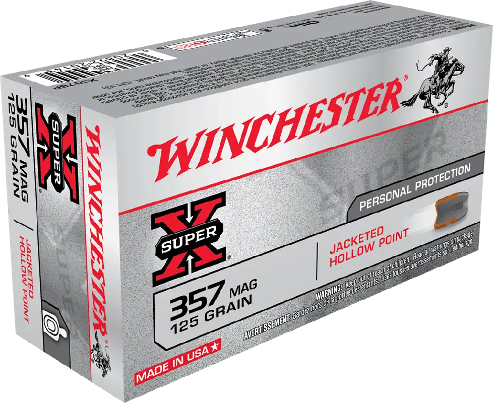 Winchester Super-X Ammunition - 357 Magnum - 125 Grain Jacketed Hollow Point - 50 Rounds - Brass Case