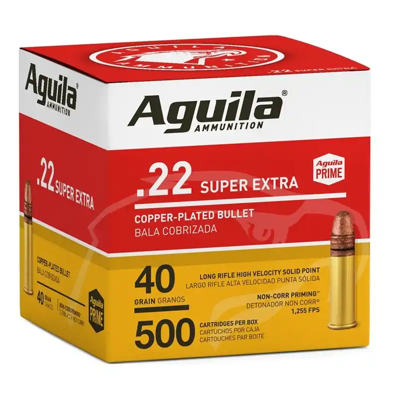 Aguila High Velocity Ammunition - 22 Long Rifle - 40 Grain Copper Plated Solid Point - 500 Rounds - Brass Case