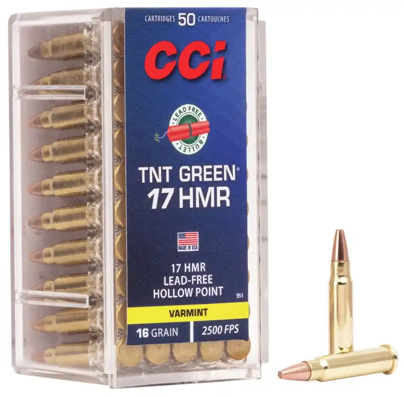 CCI TNT Green Ammunition - 17 HMR - 16 Grain Lead Free Hollow Point - 50 Rounds - Brass Case
