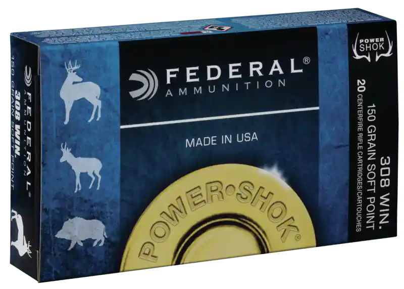 Federal Power-Shok Ammunition - 308 Winchester - 150 Grain Soft Point - 20 Rounds - Brass Case