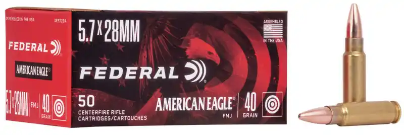 Federal American Eagle Ammunition - 5.7x28 MM - 40 Grain Full Metal Jacket - 500 Rounds - Brass Case