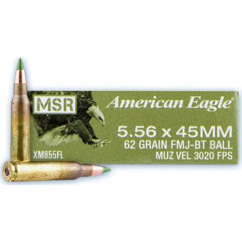 Federal American Eagle Ammunition - 5.56x45 MM NATO - 62 Grain Full Metal Jacket Boat Tail - 20 Rounds - Brass Case