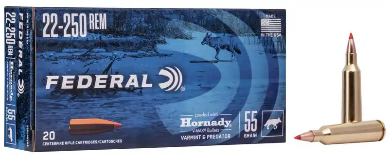 Federal Ammunition - 22-250 Remington - 55 Grain V-Max - 20 Rounds - Brass Case