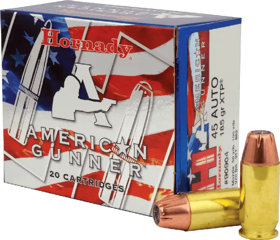 Hornady American Gunner Ammunition - 45 ACP - 185 Grain XTP Jacketed Hollow Point - 20 Rounds - Brass Case