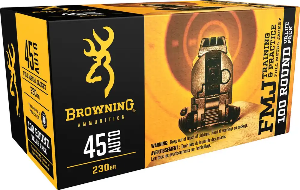 Browning Ammunition - 45 Auto - 230 Grain Full Metal Jacket - 100 Rounds - Brass Case