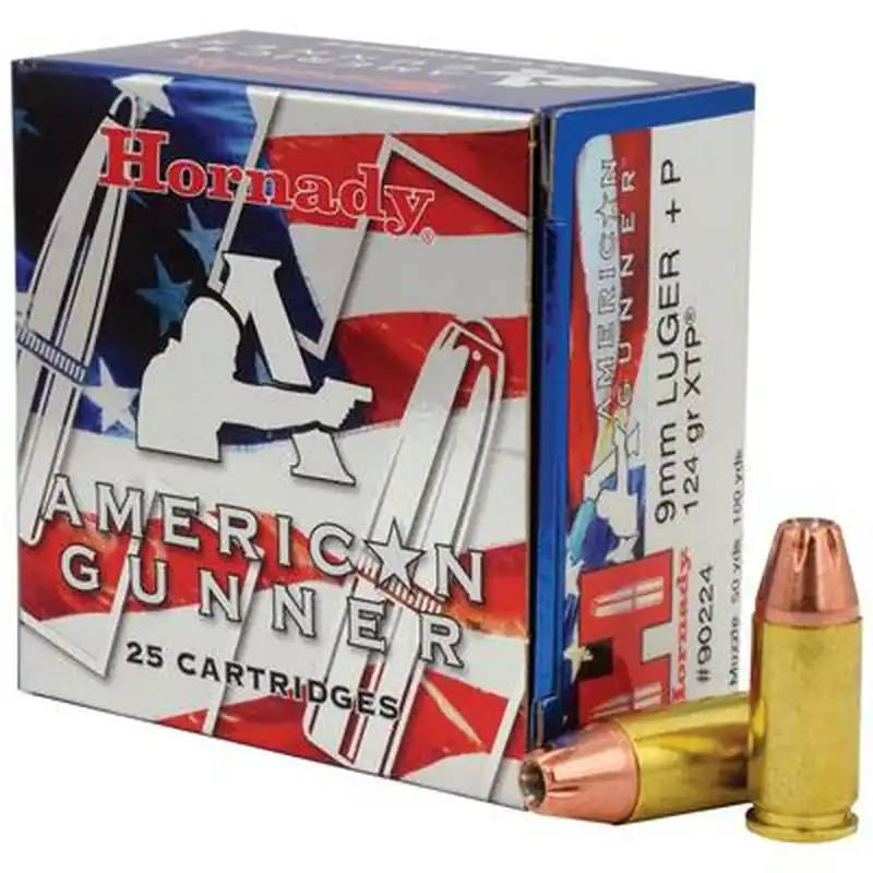 Hornady American Gunner Ammunition - 9 MM Luger +P - 124 Grain XTP Hollow Point - 25 Rounds - Brass Case
