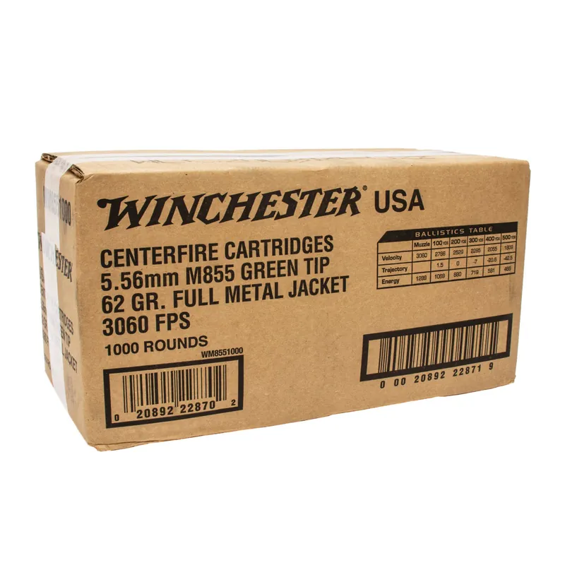Winchester Ammunition - 5.56x45 MM NATO - 62 Grain Full Metal Jacket - 1000 Rounds - Brass Case