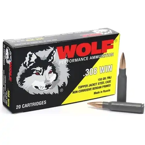 Wolf Performance Ammunition - 308 Winchester - 150 Grain Copper Full Metal Jacket - RANGE FRIENDLY - 20 Rounds - Steel Case