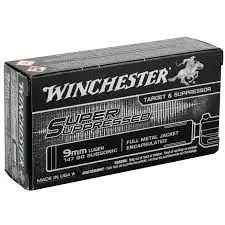 Winchester Super Suppressed Ammunition - 9 MM Luger - 147 Grain Full Metal Jacket Encapsulated - 50 Rounds - Brass Case