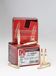 Hornady Superformance Varmint Ammunition - 17 Hornet - 20 Grain V-Max - 25 Rounds - Brass Case