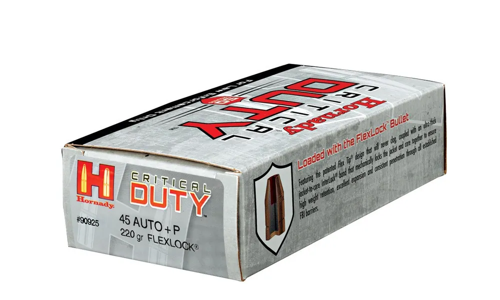 Hornady 45 Auto +P 220 Grain Critical Duty FlexLock LE - 50 Rounds - Brass Case