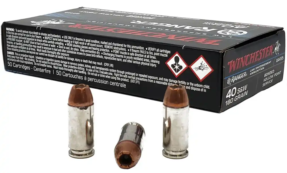Winchester Ranger Ammunition - 40 S&W - 180 Grain Bonded Hollow Point - 50 Rounds - Nickel Plated Brass Case