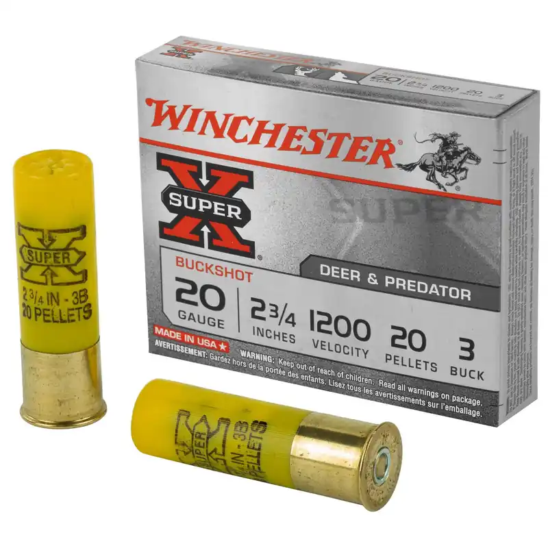 Winchester Super-X Ammunition - 20 Gauge - 2 3/4" - 3 Buck - 20 Pellets - 5 Rounds