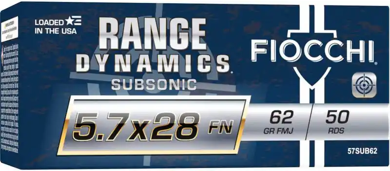 Fiocchi Range Dynamics Subsonic Ammunition - 5.7x28 MM - 62 Grain Full Metal Jacket - 50 Rounds