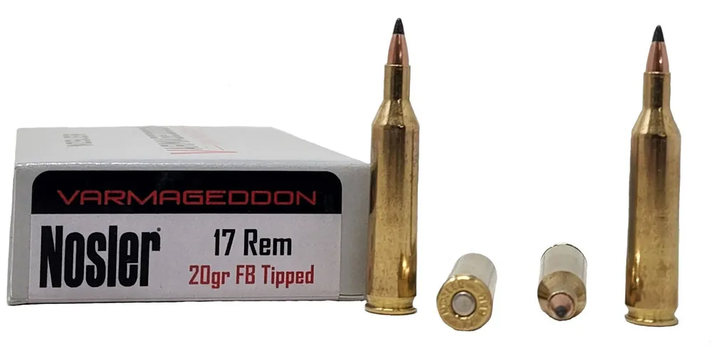 Nosler Varmageddon Ammunition - 17 Remington - 20 Grain FB Tipped - 20 Rounds - Brass Case