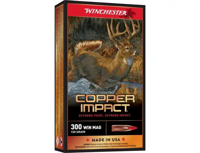 Winchester Copper Impact Ammunition - 300 Win Mag - 150 Grain Copper Extreme Point - 20 Rounds - Brass Case