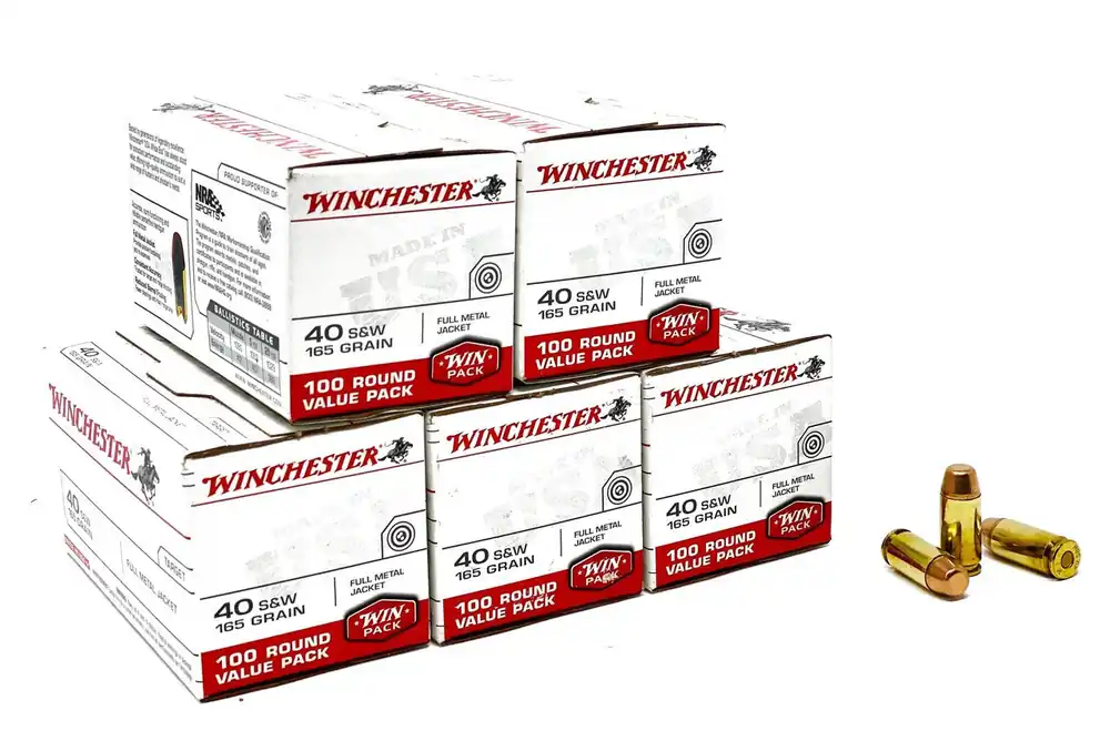 Winchester Ammunition - 40 S&W - 165 Grain Full Metal Jacket - 100 Rounds - Brass Case