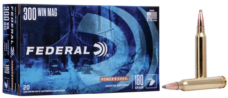 Federal Power-Shok Ammunition - 300 Winchester Magnum - 180 Grain Jacketed Soft Point - 20 Rounds - Brass Case