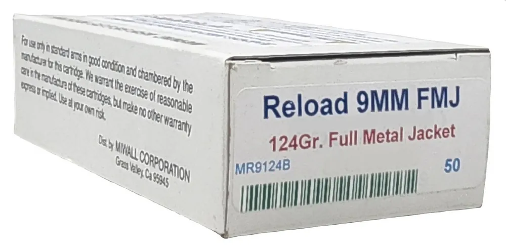 Miwall Reload Ammunition - 9 MM Luger - 124 Grain Full Metal Jacket - 50 Rounds