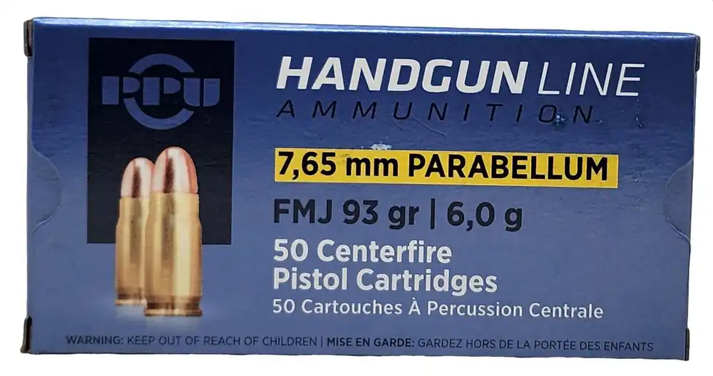 Prvi Partizan Ammunition - 7.65 Parabellum (30 Luger) - 93 Grain Full Metal Jacket - 50 Rounds - Brass Case