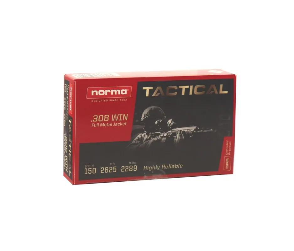 Norma Tactical Ammunition - 308 Winchester - 150 Grain Full Metal Jacket - 20 Rounds - Brass Case