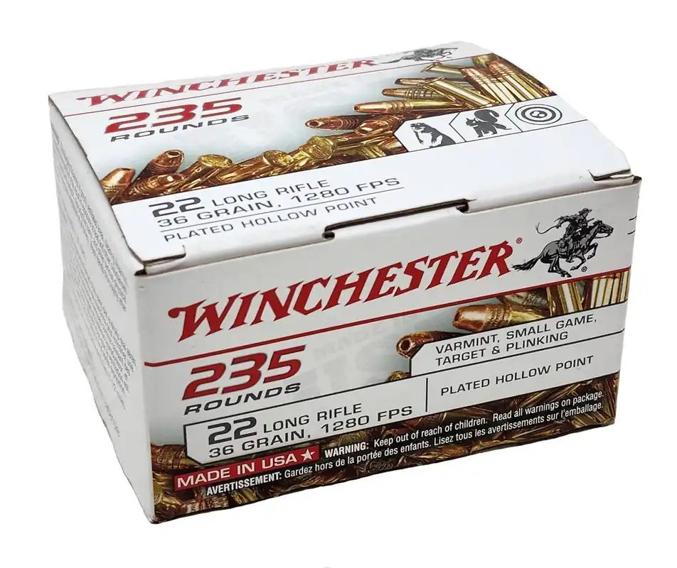 Winchester Ammunition - 22 Long Rifle - 36 Grain Plated Hollow Point - 235 Rounds - Brass Case