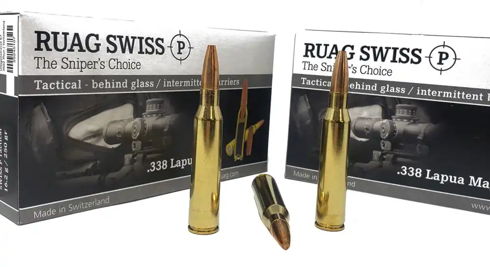 Swiss P Ammunition - 338 Lapua Mag - 250 Grain Solid Copper Flat Nose - 100 Rounds - Brass Case