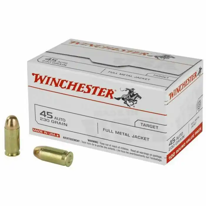 Winchester Ammunition - 45 Auto - 230 Grain Full Metal Jacket - 100 Rounds - Brass Case
