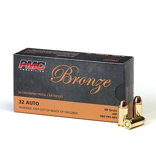 PMC Bronze Ammunition -32 Auto - 60 Grain Jacketed Hollow Point - 50 Rounds - Brass Case