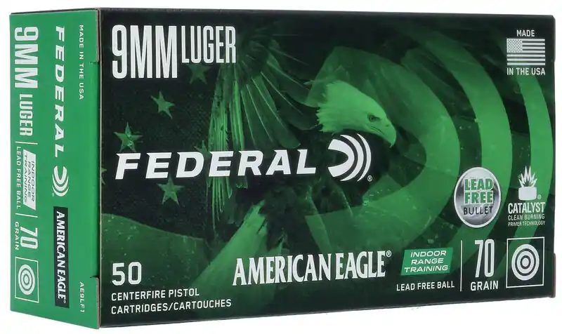 Federal American Eagle Ammunition - 9 MM Luger - 70 Grain Lead Free Ball - 50 Rounds - Brass Case