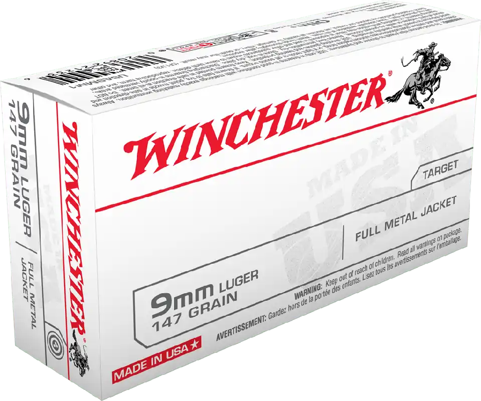 Winchester Ammunition - 9 MM Luger - 147 Grain Full Metal Jacket - 50 Rounds - Brass Case