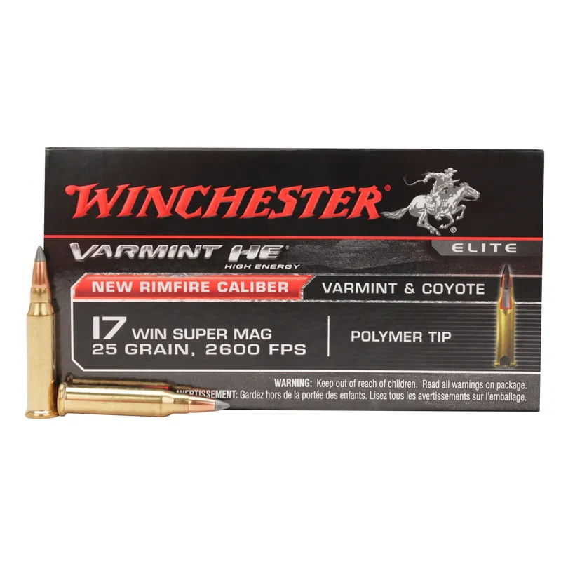 Winchester Varmint Ammunition - 17 Winchester Super Magnum - 25 Grain Polymer Tip - 50 Rounds - Brass Case