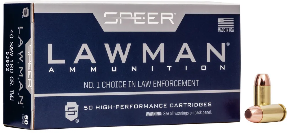 Speer Lawman Ammunition - 40 S&W - 180 Grain Total Metal Jacket - 50 Rounds - Brass Case