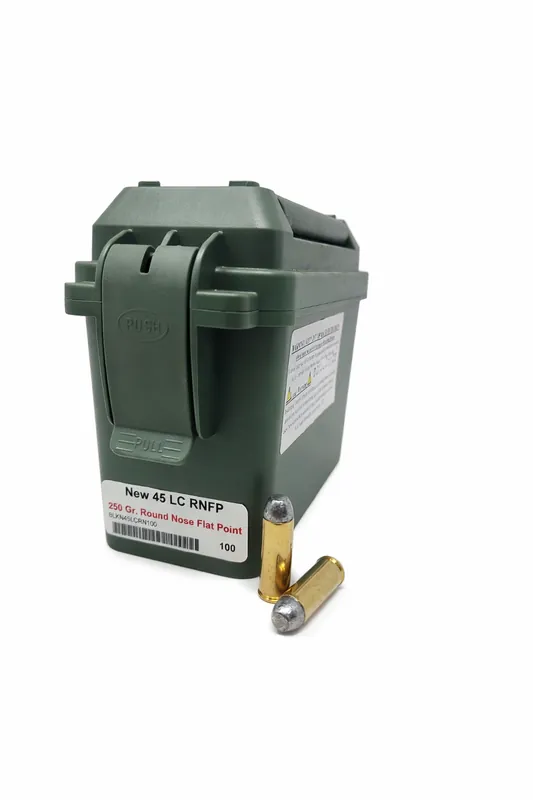 Miwall New Ammunition - 45 Long Colt - 250 Grain Lead Round Nose Flat Point - 100 Rounds W/ Free Ammo Can - Brass Case
