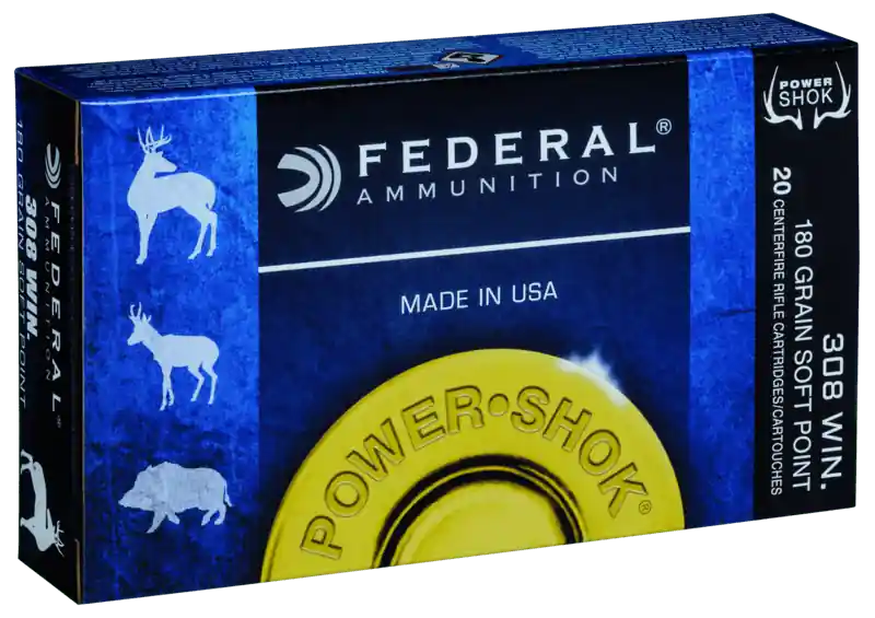 Federal Power-Shok Ammunition - 308 Winchester - 180 Grain Soft Point - 20 Rounds - Brass Case