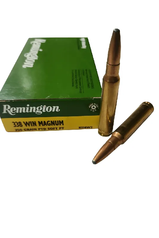 Remington Core-Lokt Ammunition - 338 Winchester Magnum - 250 Grain Pointed Soft Point - 20 Rounds - Brass Case