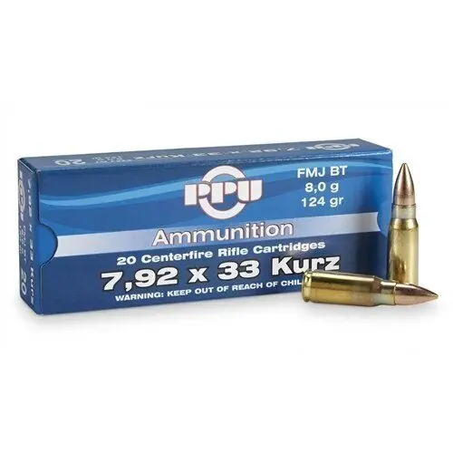 Prvi Partizan Ammunition - 7.92x33MM Kurz - 124 Grain Full Metal Jacket - 20 Rounds - Brass Case
